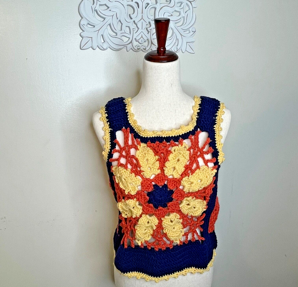 Vintage 1970's MED LARGE Honky Tonk Crochet Gypsy Hugger Tank Top Granny Square